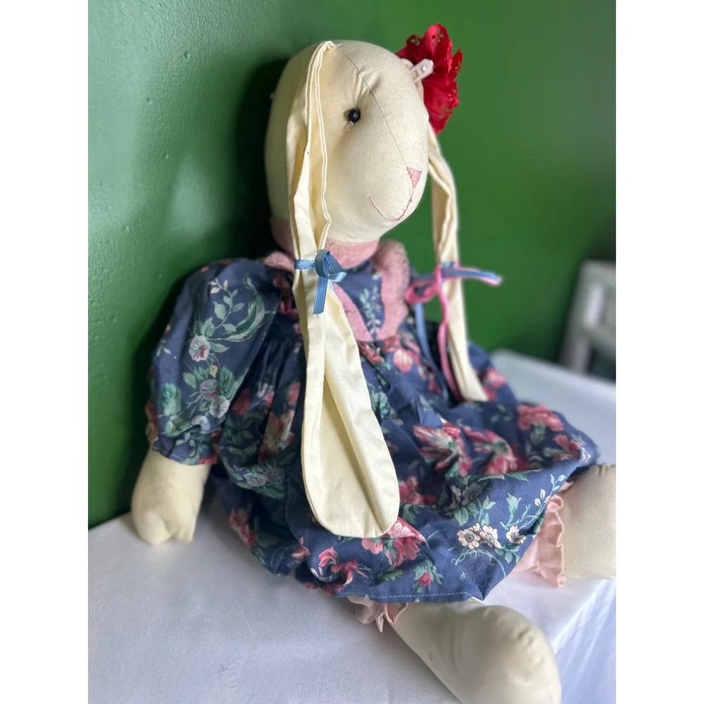 Vintage Handmade Cloth Rabbit Doll Floral Dress Lace Bloomers Primitive 22 Inch